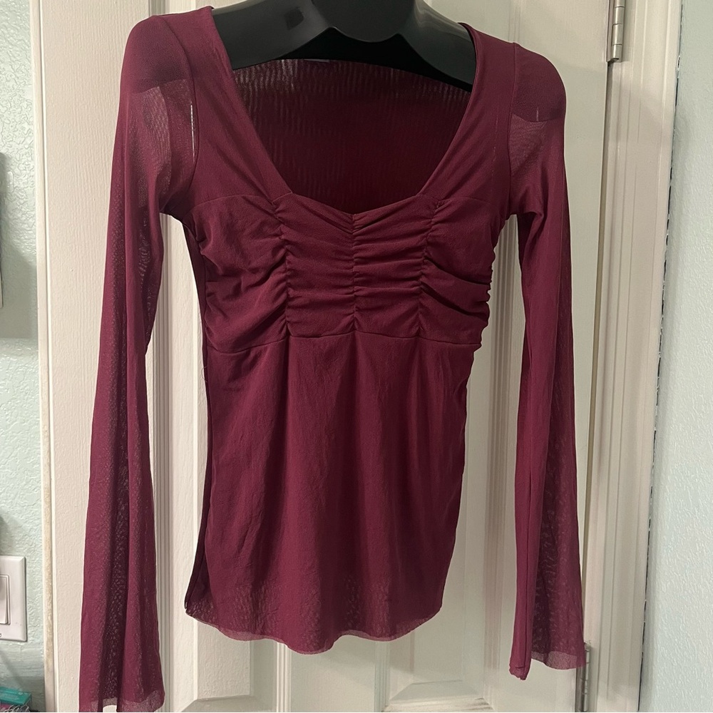Red Ruched Fitted Long Sleeve Blouse